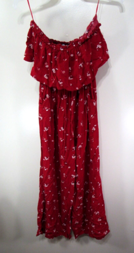 Womens Hollister Strapless Jumpsuit Size XS Red Floral Elastic Drawstring Ruffle - Picture 1 of 5