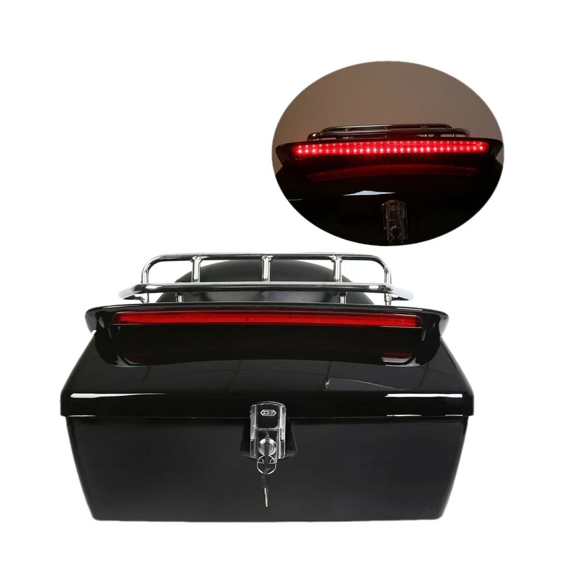 Black Motorcycle Top Case Tail Box Luggage Trunk LED Light For