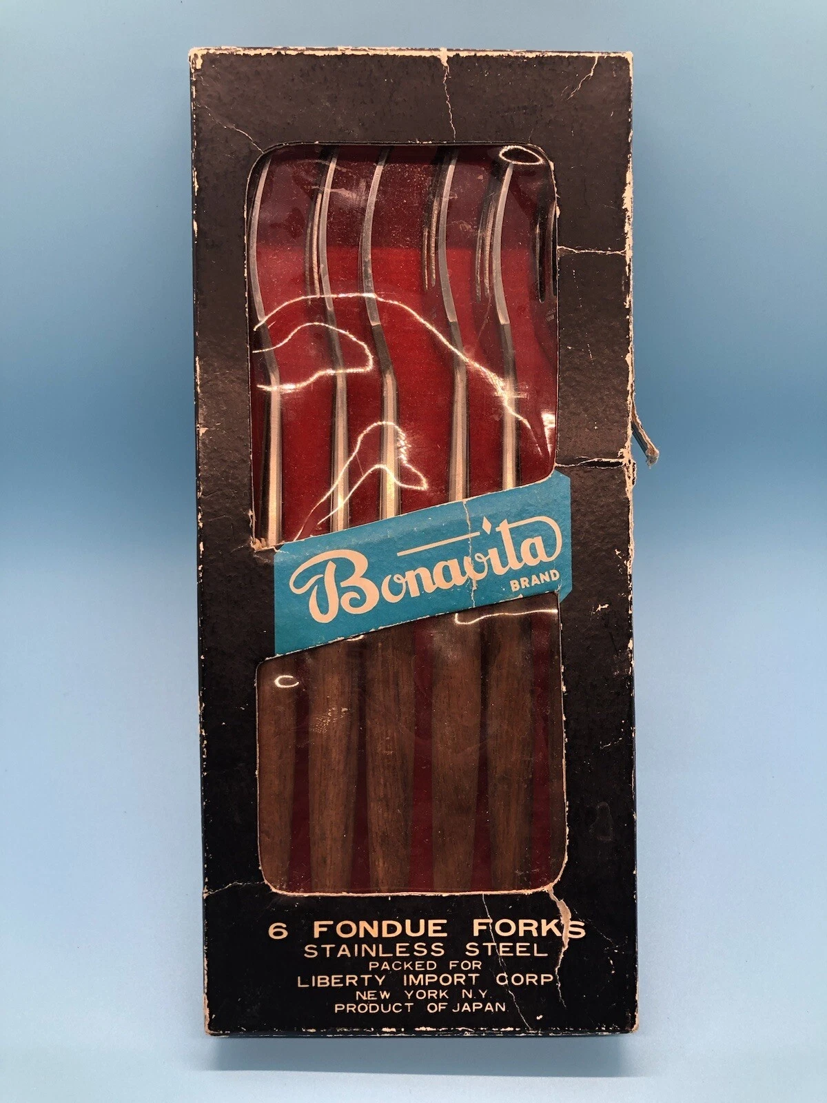 Vtg Set Of Six Mid Century Bonavita Fondue Forke Forks Wood Handles In Box