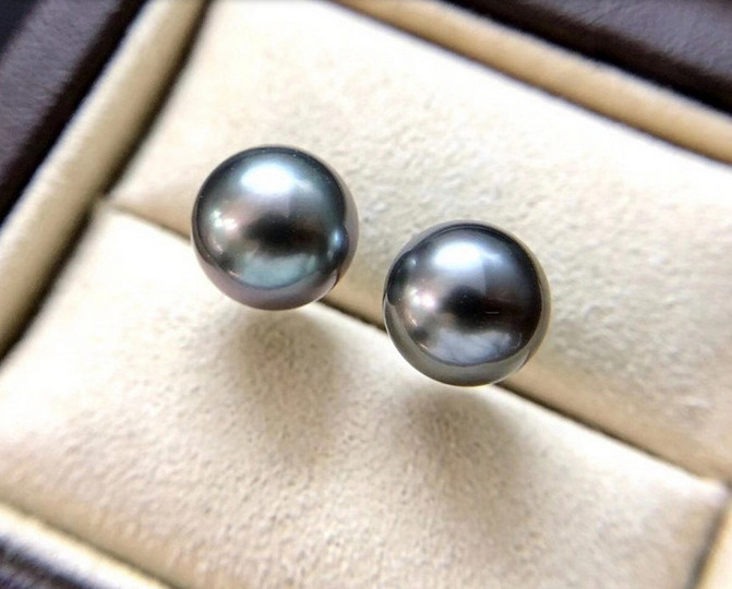 PAIR 9MM NATURAL SEA TAHITIAN GENUINE BLACK PEACOCK ROUND PEARL STUD EARRING 01