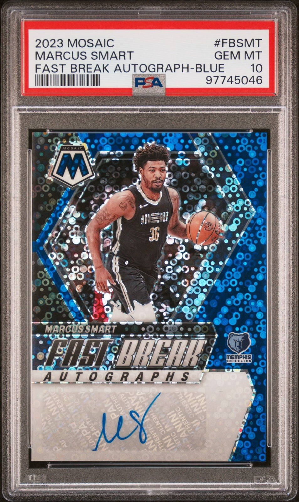 2023-24 Panini Mosaic Marcus Smart Fast Break BLUE Prizm Auto 16/25 Celtics PSA