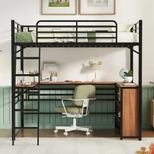 Twin/Full Size Metal Loft Bed Metal Bed Frame with L Shaped Desk White/Black