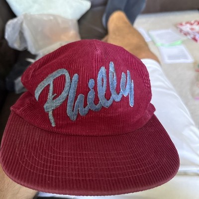 vintage corduroy snapback hat Philadelphia Phillies Script Spell Philly  Maroon