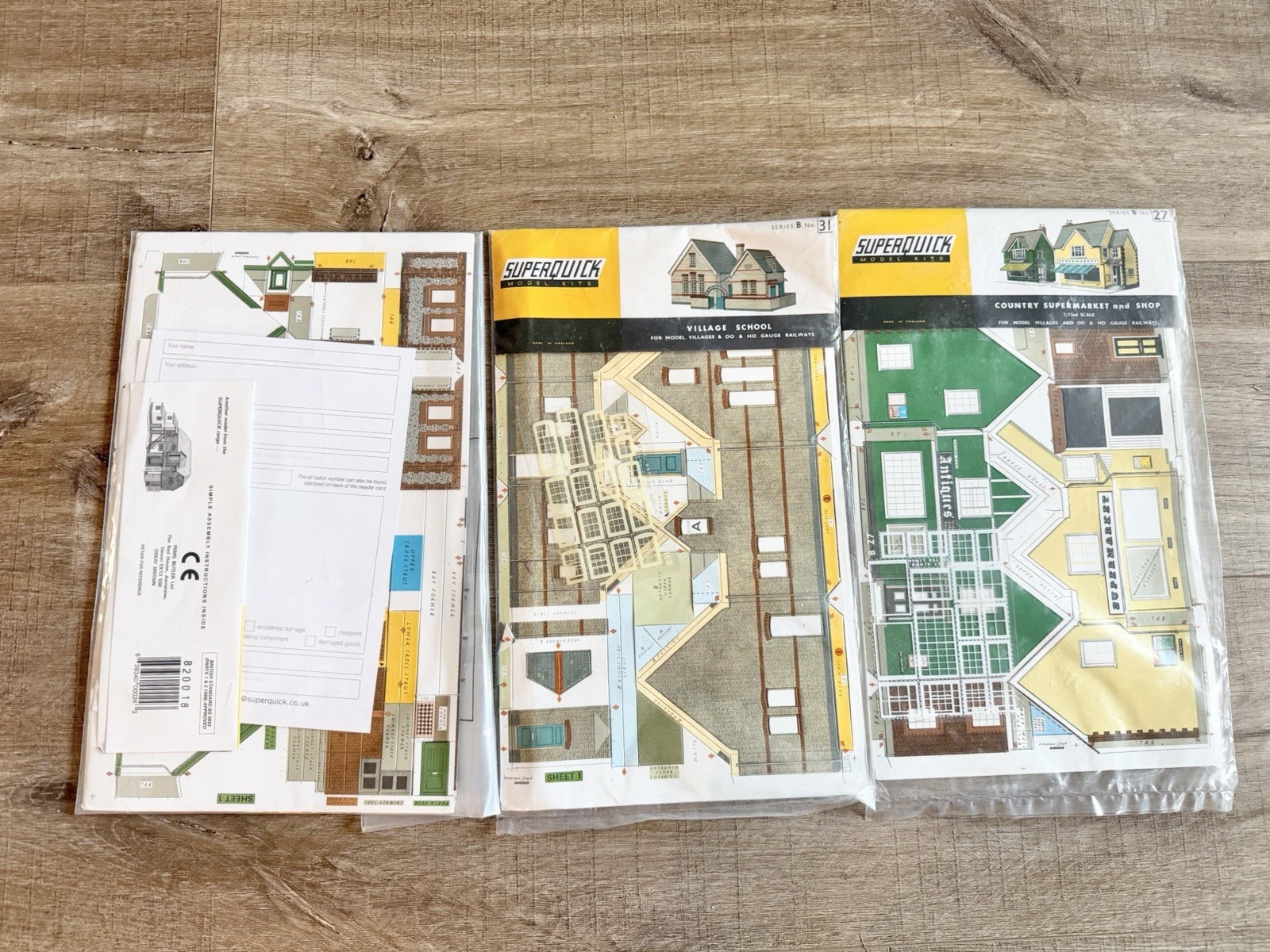 Superquick B24 OO Gauge Farmhouse,Village School,Country Supermarket Card Kit X3