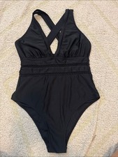 Black Mesh Detail One Piece Swimsuit Medium Criss Cross Back