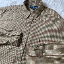 Vintage Polo Ralph Lauren Blake Shirt Mens Large Brown Beige Gingham Plaid Butto