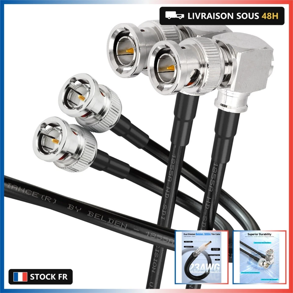 Superbat Câble SDI 6G BNC 75 Ohms Mâle vers Mâle Belden 1855A Fin 1m | Double Bl - Photo 1/4