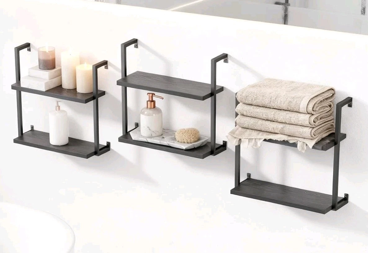 SET OF 3 Wall Mounted Bookshelves Shelves for Wall, 6-Tier Black Wooden