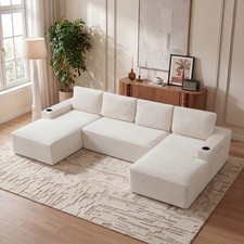 133" U-Shaped Modular Cloud Sofa Corduroy Sectional Couch w/ Cup Holder  Pocket