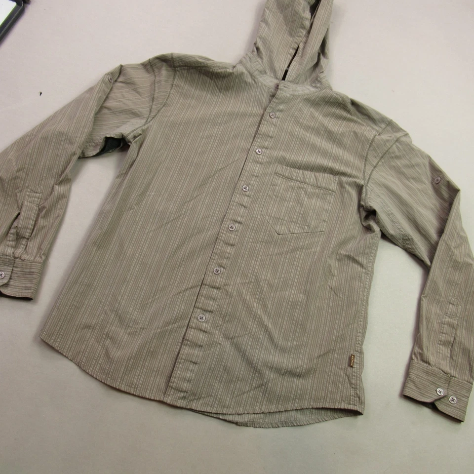 Camisa Kuhl Para Hombre Grande Manga Larga Bolsillo Botón Frontal Rayas Marrón Con Capucha Foto 2 de 4