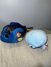 LOT (2) TY BEANIE BABY BOOS  AQUA the FISH 12" & BABY BOY SQUIRT BLUE SEAL 10"