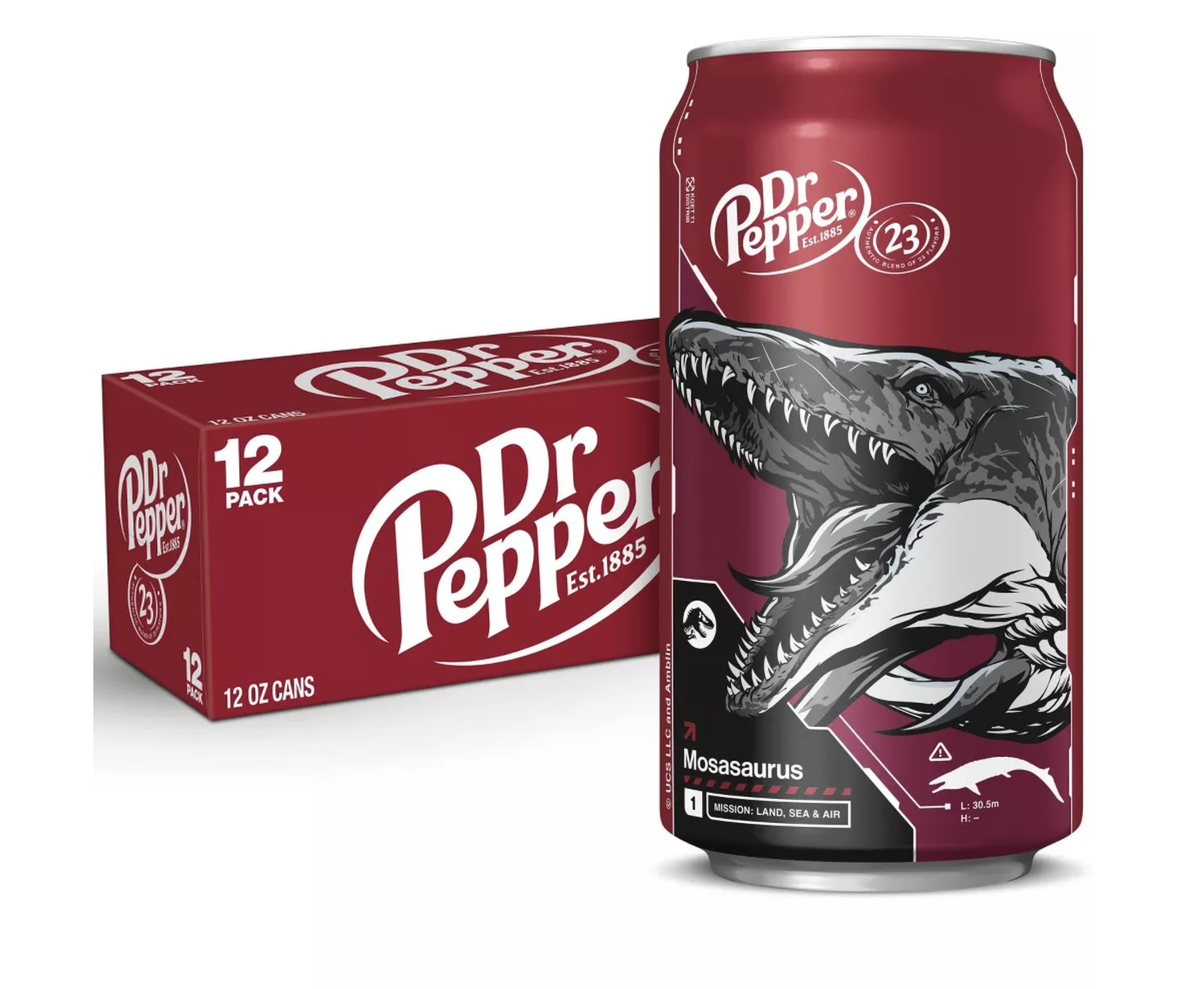 Dr Pepper Soda Mosasaurus Jurassic World Rebirth 12 pack 12 fl oz