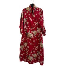 Oscar de la Renta Neiman Marcus Vintage Red Floral Satin Kaftan Robe Velvet Trim