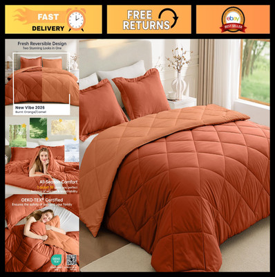 King Size Comforter Set - Burnt Orange/Camel, Ultra Soft Reversible Bedding, 3 P