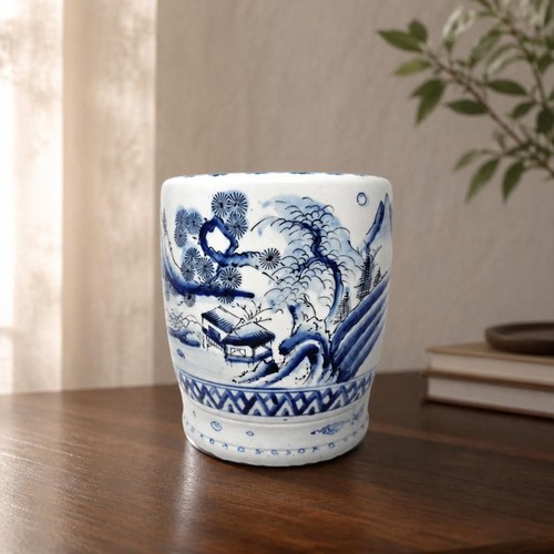 Antique Japanese Meiji Porcelain Hibachi | Hand Painted Blue White Landscape