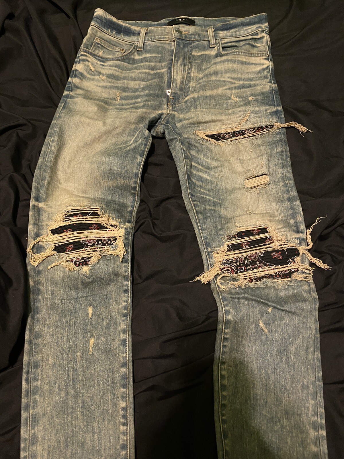AMIRI MX1 DIRTY INDIGO BANDANA PATCH JEANS SIZE 33 Gem