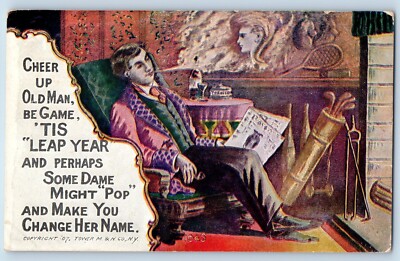 Signed Artist Postcard Leap Year Man Smoking Cigarette Fantasy Embossed  1908