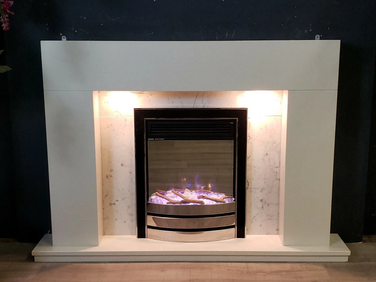 WHITE MARBLE SURROUND SILVER ELECTRIC FIRE FIREPLACE SUITE DOWNLIGHTS | eBay