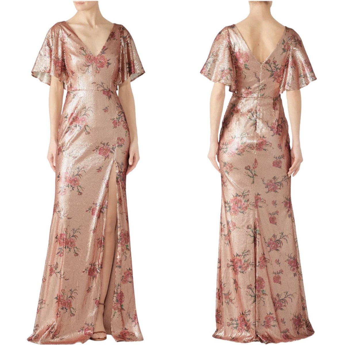 Marchesa Notte Rose Gold Split Sleeve V-Neck Floral Sequined Maxi Dress  Size 2