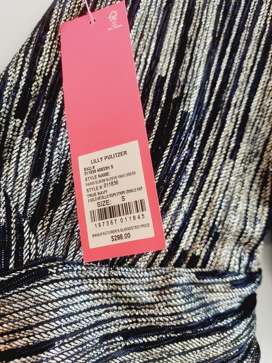 Lilly Pulitzer Parigi Elbow Sleeve Maxi Women's Clothing True Navy X Gold Metallic ROPE Stripe Crinkle KNIT : XL Lilly Pulitzer Parigi Elbow Sleeve Maxi Women's Clothing True Navy X Gold Metallic ROPE Stripe Crinkle KNIT : XL