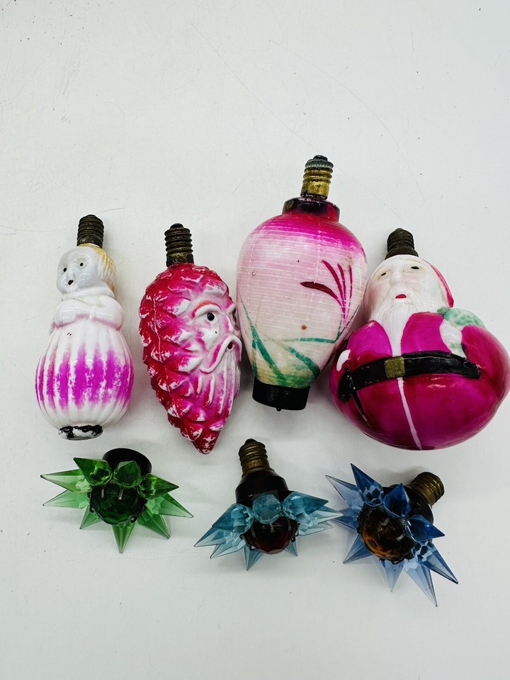 Set 7 Antique Christmas Figural Light Bulbs Santa Pinecone Snowman