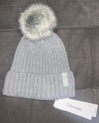 Calvin Klein faux fur pom-pom rib knit beanie hat Calvin Klein Knit Faux Fur Pom Pom Ski Beanie Winter Hat Cap  main image 3