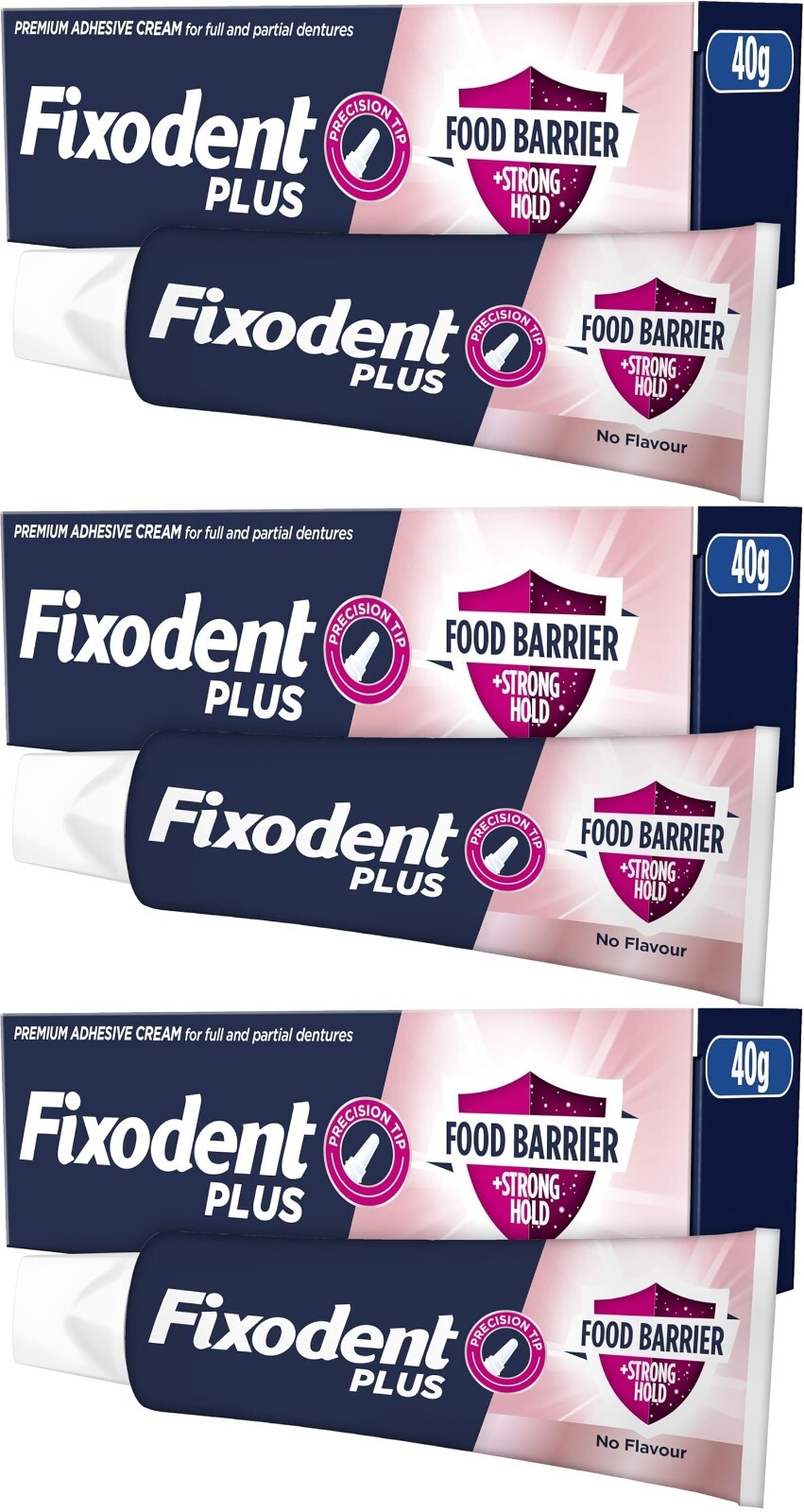 3 x Fixodent Plus Food Barrier No Flavour Denture Adhesive Cream 40g