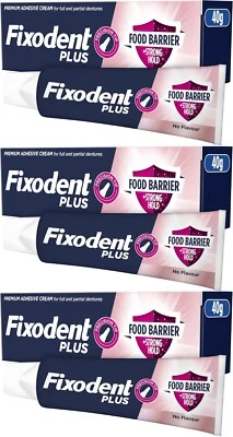 3 x Fixodent Plus Lebensmittelbarriere Zahnersatz Haftcreme ohne Geschmack 40g