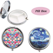 Portable Metal Pill Box Round Cases with Mirror Travel Medicine Organiser 1pc