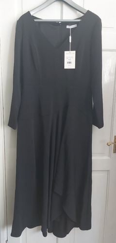 Gina Bacconi Moos Krepp Kleid gefüttert Mieder schwarz Gr UK 14 asymmetrischer Rock