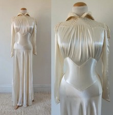 Elegant High Neck Wedding Dress Satin Long Sleeve Full Length A Line Bridal Gown