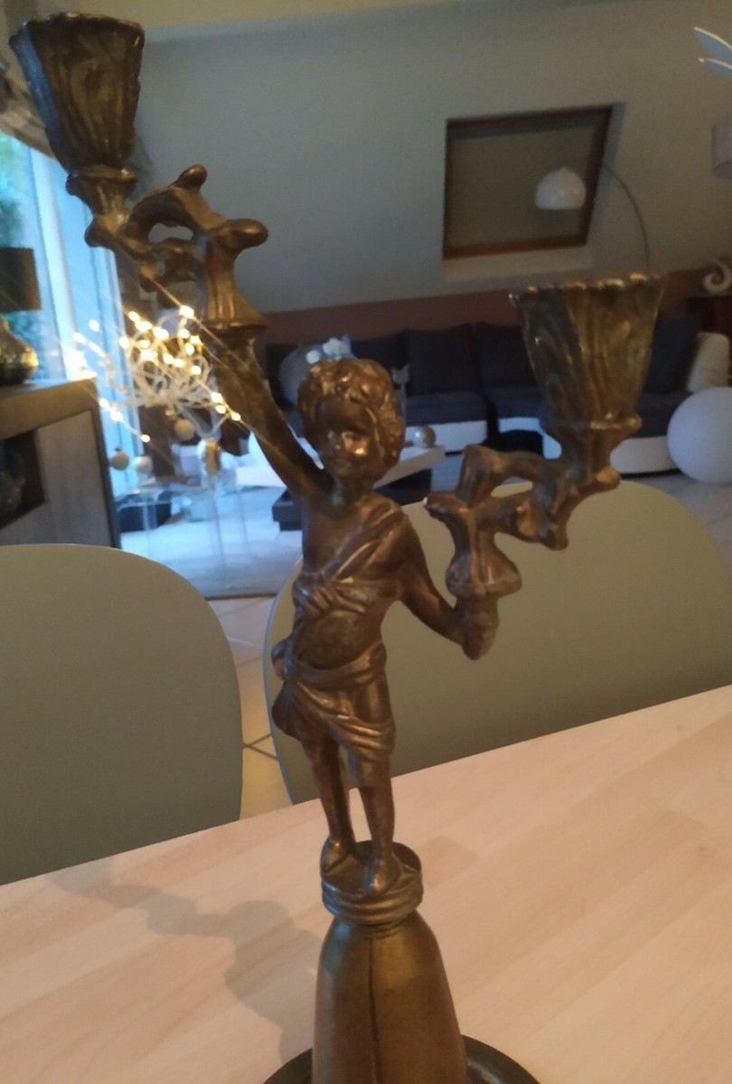 Bougeoir Laiton Ancien - 2 Branches Avec Angelot - Fait Main - Déco Vintage