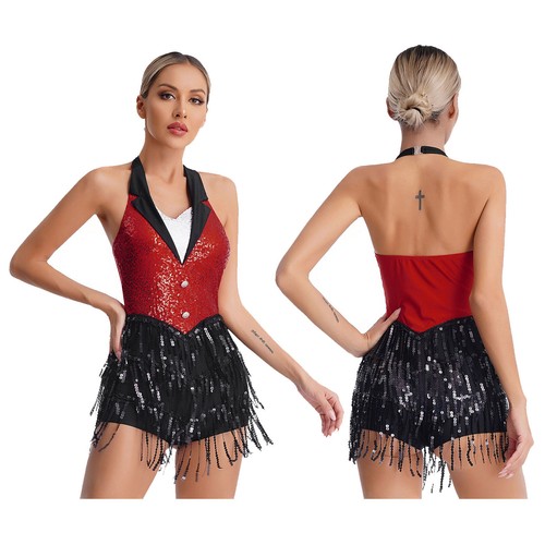 AU Womens Tuxedo Jazz Latin Dance Costume Sequins Tassels Leotard Jumpsuit Dress - Picture 4 of 173
