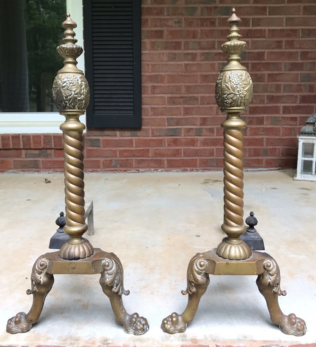 Antique 24 Brasss Ornate Leaf Fireplace Log Holder Andirons Heavy