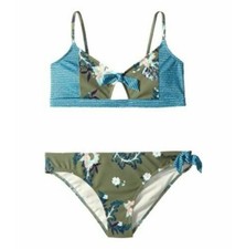 Roxy Girls Green Floral Print Keyhole Bow Two-Piece Bikini Swim Set Size 7 10260