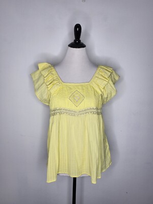 BA&SH Umma Blouse Yellow Flutter Sleeve Boho Tunic Women's Size 2/US6