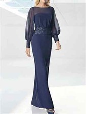 Anke length Dark Navy Mother of the Bride Dress Floor Length Chiffon Long Sleeve
