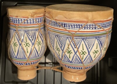 Vintage Tbilat Moroccan Pottery Bongo Drums Goatskin Covered. Please View Pics.