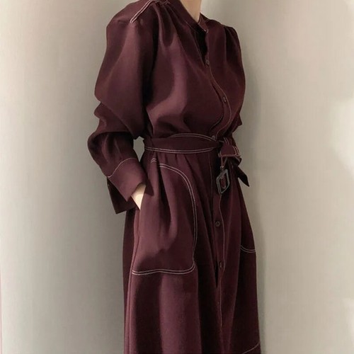 Spring Autumn Single Breasted Women's Shirt Dresses Sashes Straight Dress Female - Picture 5 of 26