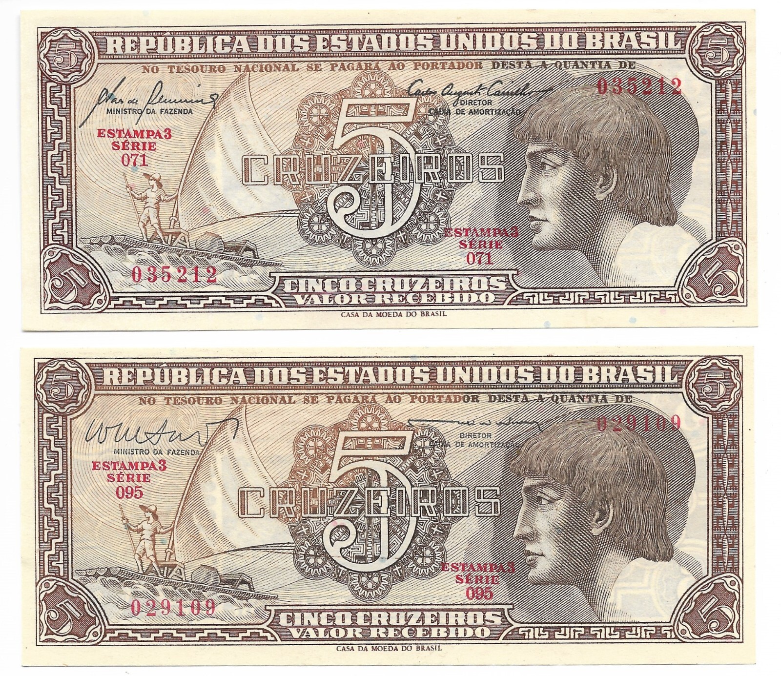 BRAZIL (196162) 5 Cruzeiros. P.166a, & P.166b. UNC shipping