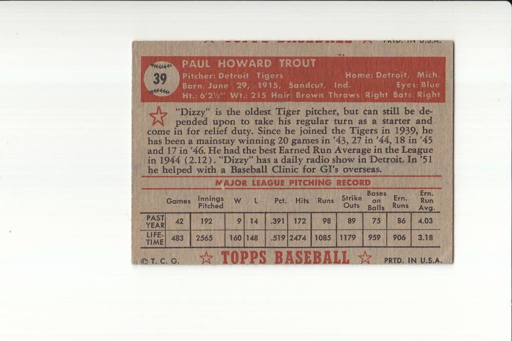 1952 Topps #39 Dizzy Trout VG Very Good (miscut) Detroit Tigers