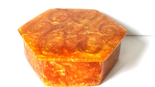 HEXAGONAL JEWELRY TRINKET BOX, Amber Catalina Bakelite, Made in Bulgaria, 1970's