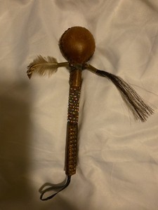 Native American Rawhide Beaded Rattle 8.5" Feather Navajo Horse Hair