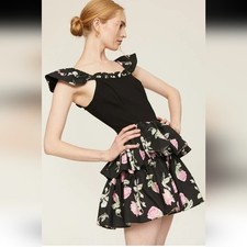 LoveShackFancy Sanam Black Mini Dress with Floral Ruffles Size 6