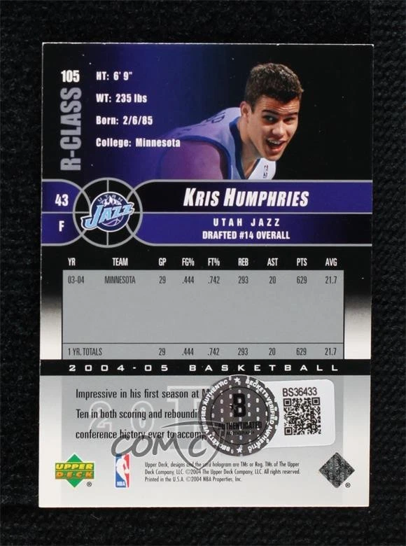 BAS 2004 R-Class Rookies Kris Humphries #105 Beckett Auth Sticker Auto Rookie RC Foto 2 de 2