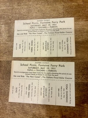 Vintage Fontaine Ferry Park Tickets. School Picnic 1951. Louisville Kentucky