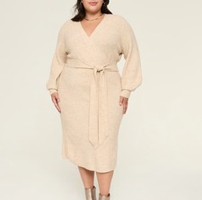 Lane Bryant Sweater Dress Womens Size 14/16 Beige Faux Wrap Belted Midi Plus