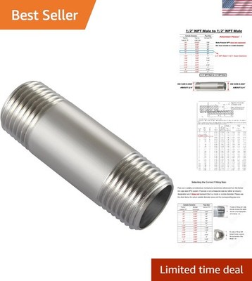304 Stainless Steel Pipe Nipple Fitting, 1/2'' NPT, 2'' Length, Durable Connection
