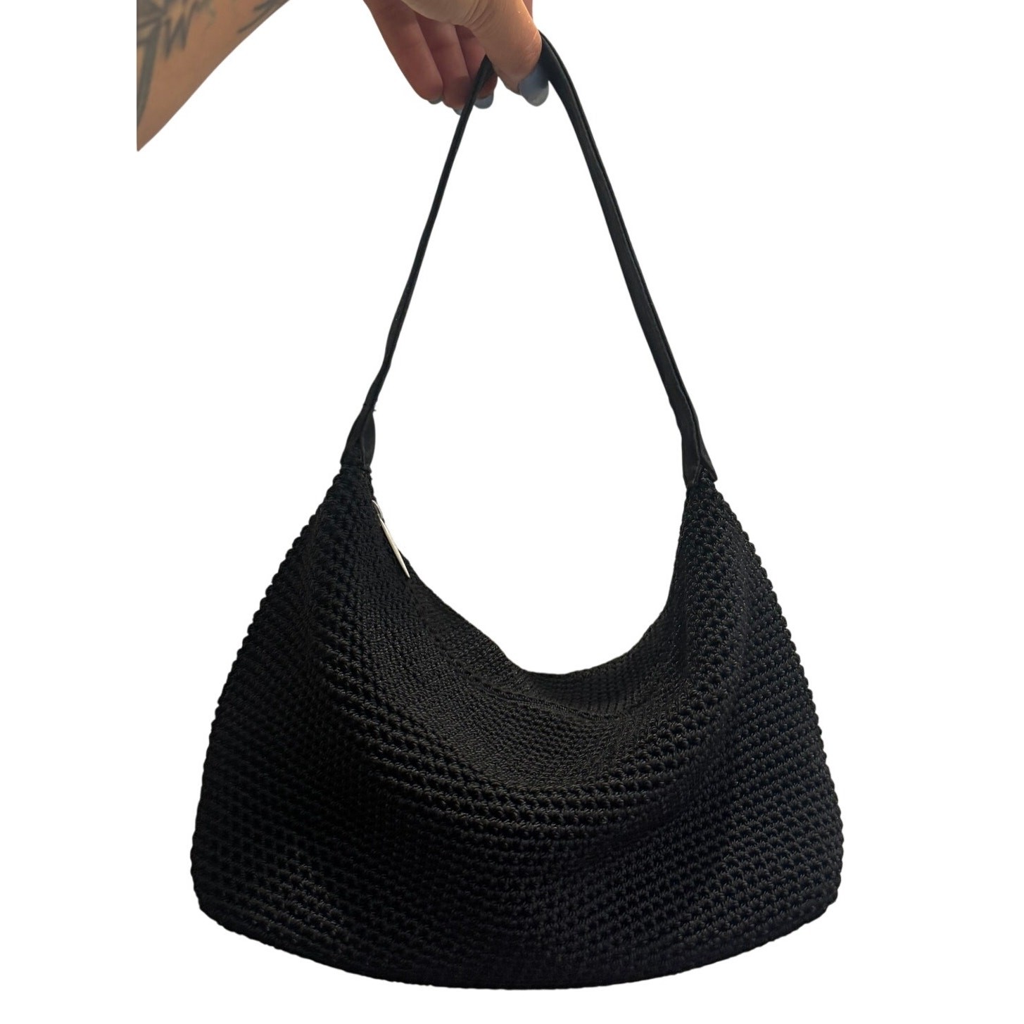 The Sak Black Woven Crocheted Shoulder Sling Bag Purse Classic Bohemian Boho