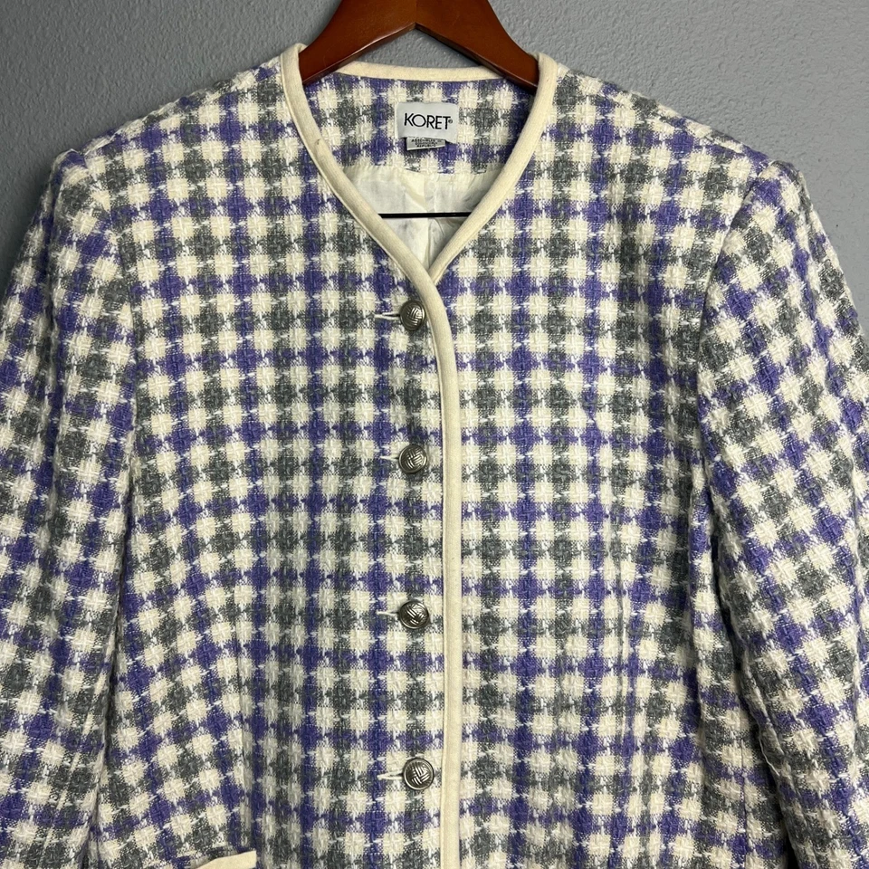 Blazer Koret Mujer Talla 16 Púrpura Gris Blanco Guinga Abuela Tweed Chaqueta Carrera Foto 2 de 4